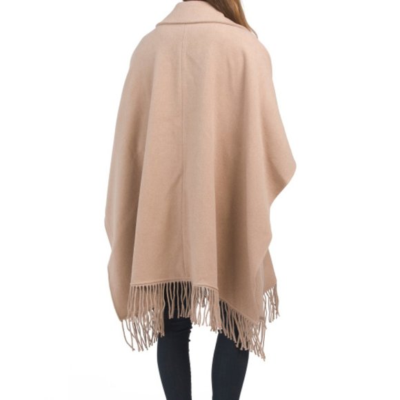 NEW BADGLEY MISCHKA Fringe Trim Caped Coat wool/viscose blend Camel color 864tn - Picture 2 of 2